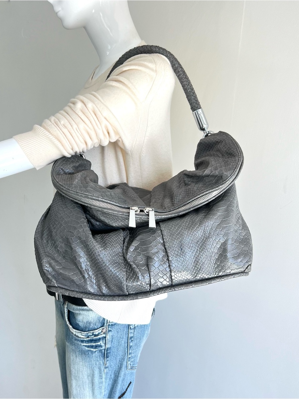 CC SKYE Large Gray Snake Python Embossed Leather Shoulder Bag Tote Strap
